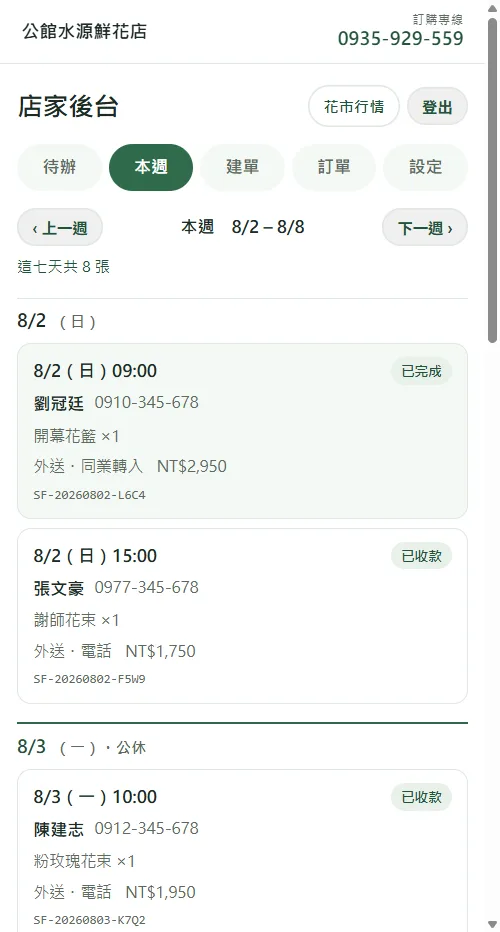 後台「本週」分頁：七天直向排列，週一標公休，每天列出當天的訂單卡片